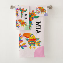 Monogram modern colorful birds pink green blue