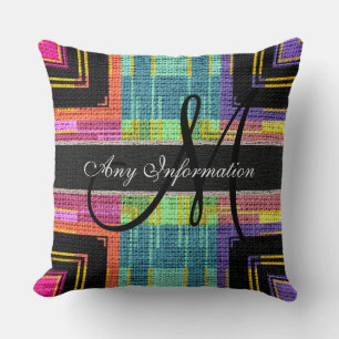 Monogram Modern Colourful Burlap Rustic Jute Throw Pillow