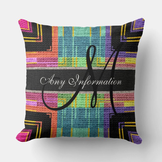Monogram Modern Colourful Burlap Rustic Jute Throw Pillow (Front)