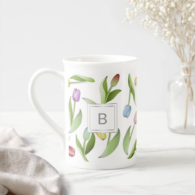 Monogram Modern Colourful Tulip Floral Pattern Bone China Mug (Creator Uploaded)