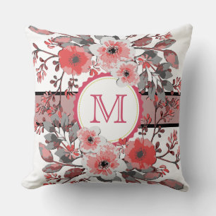 Monogram Modern Coral Floral Vintage Throw Pillow