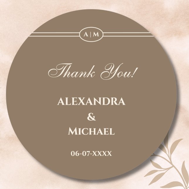 Monogram Modern Cream Taupe Wedding Thank You Classic Round Sticker (Creator Uploaded)