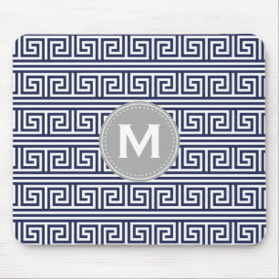 Monogram Modern Dark Blue Greek Key Pattern Mouse Pad