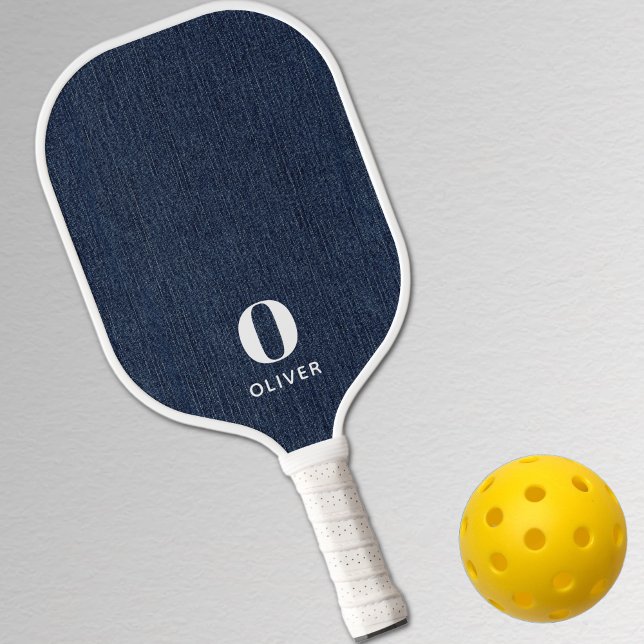 Monogram Modern Dark Navy Blue Denim Print Pickleball Paddle (Creator Uploaded)