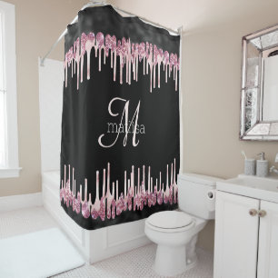 Monogram Modern Dripping Glitter Black & Pink 