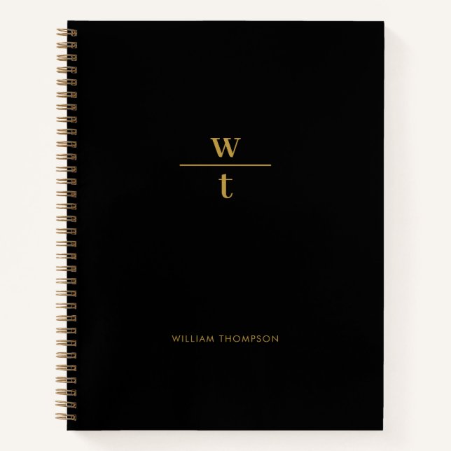 Monogram Modern Elegant Black Gold Notebook (Front)