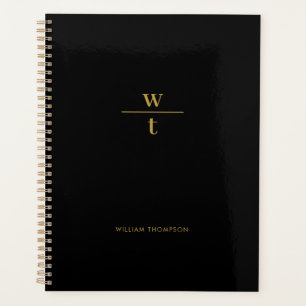 Monogram Modern Elegant Black Gold  Planner