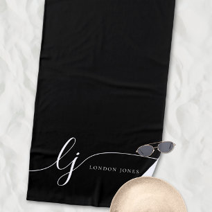 Monogram Modern Elegant Black Script Initials Beach Towel