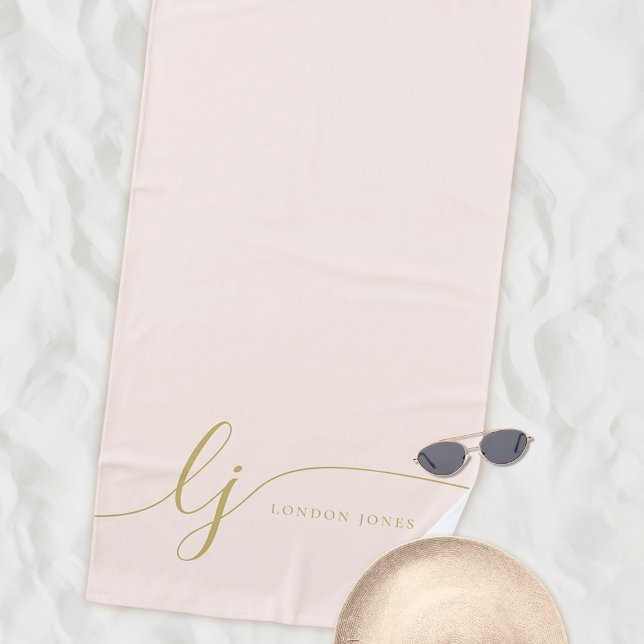 Monogram Modern Elegant Blush Pink Gold Script Beach Towel (Creator Uploaded)