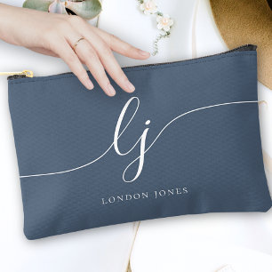 Monogram Modern Elegant Calligraphy Navy White Accessory Pouch