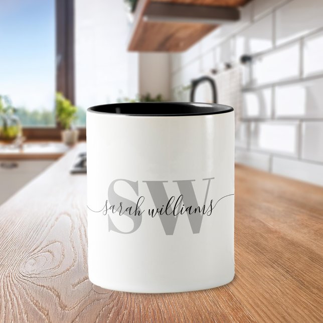 Monogram Modern Elegant Chic Script Name Two-Tone Coffee Mug (Creator Uploaded)