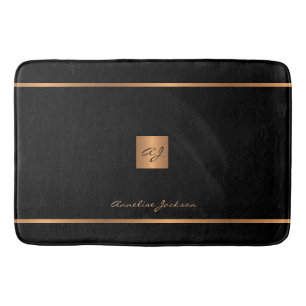 Monogram modern elegant glitter black and gold bath mat