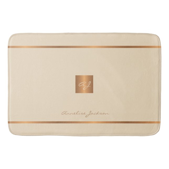 Monogram modern elegant glitter cream and gold bath mat (Front)