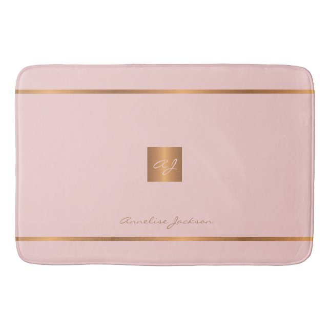 Monogram modern elegant glitter pink and gold bath mat (Front)