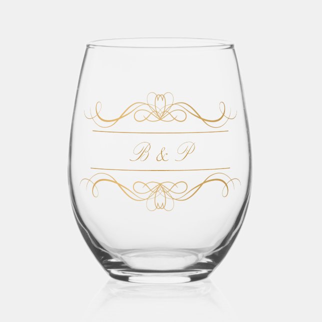 Monogram Modern Elegant Gold Swirl Wedding Stemless Wine Glass (Front)