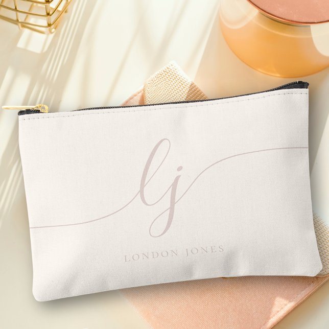 Monogram Modern Elegant Ivory Pink Script Initials Accessory Pouch (Creator Uploaded)
