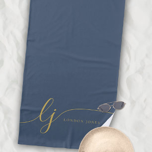 Monogram Modern Elegant Navy Gold Script Initials Beach Towel