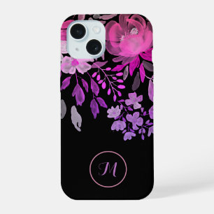Monogram Modern Feminine Bright Pink Floral Black iPhone 15 Case