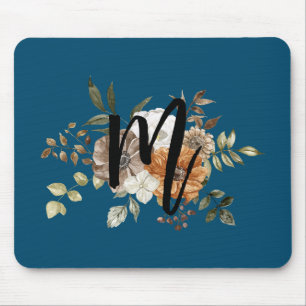 Monogram Modern floral Initial Navy blue Mouse Pad