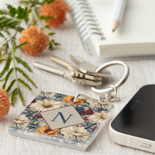 Monogram Modern Floral Personalized Keychain