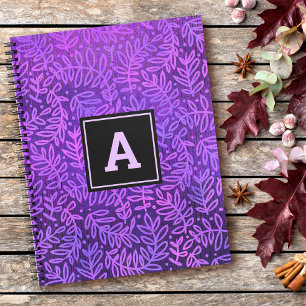 Monogram modern foliage leaves pattern purple notebook
