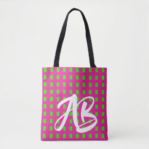 Monogram Modern  Fun Hot Pink and Green Tote Bag