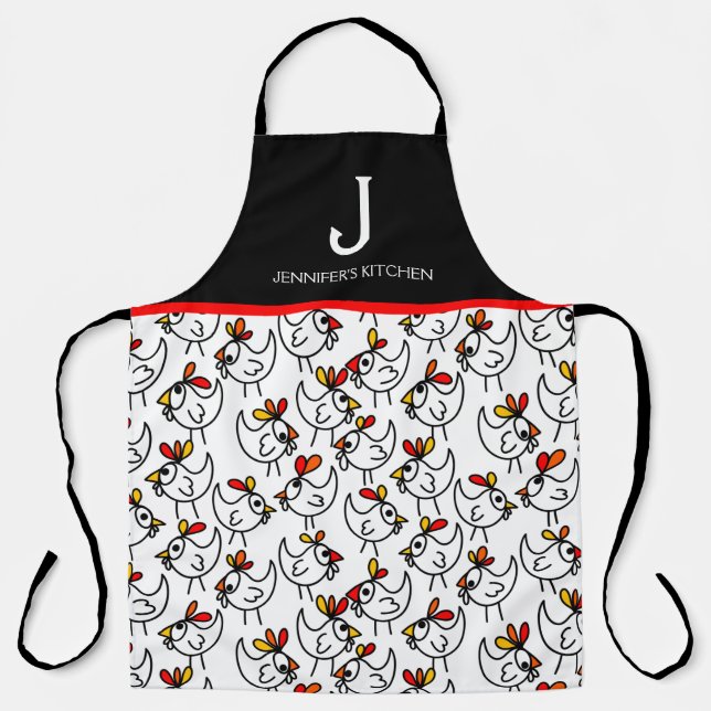 Monogram Modern Funny Chicken Adult Apron in Black (Front)