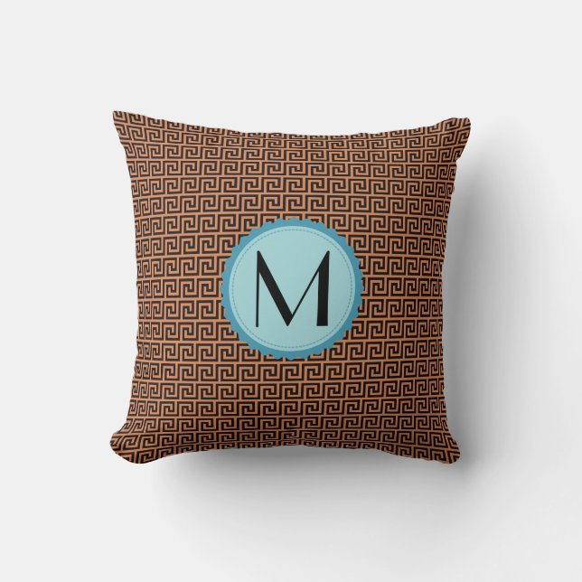 Monogram Modern Geometric Meander Pattern Throw Pillow (Front)