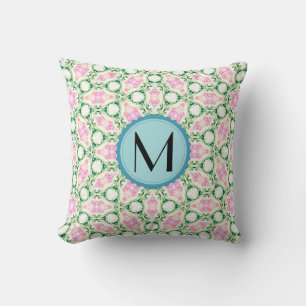 Monogram Modern Geometric Pink Floral Pattern Throw Pillow