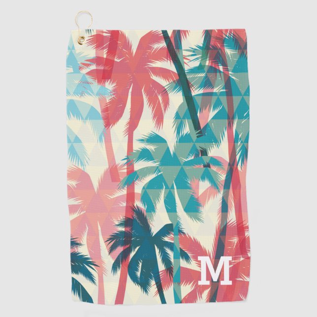 Monogram Modern Geometric Tropical Palm Pattern Golf Towel (Front)