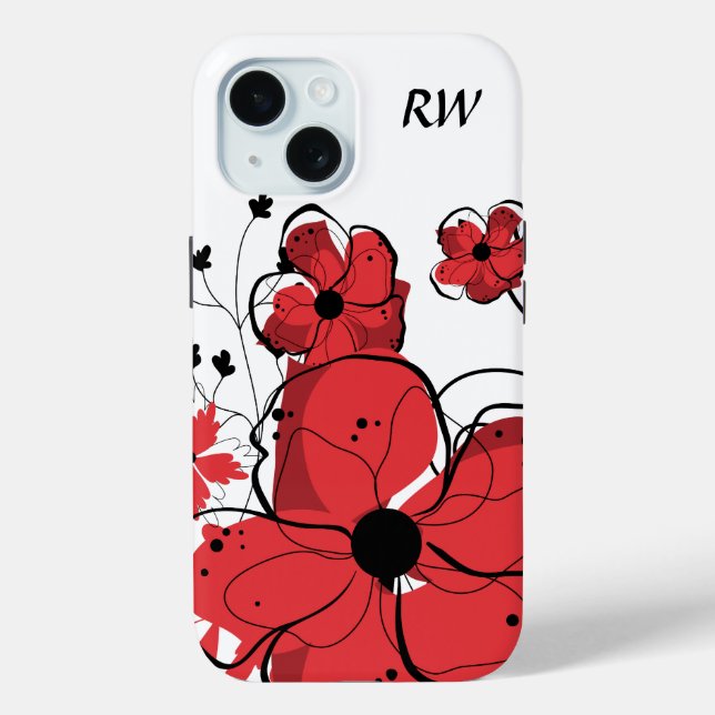 Monogram Modern Girly Red and Black Flowers Case-Mate iPhone Case (Back)