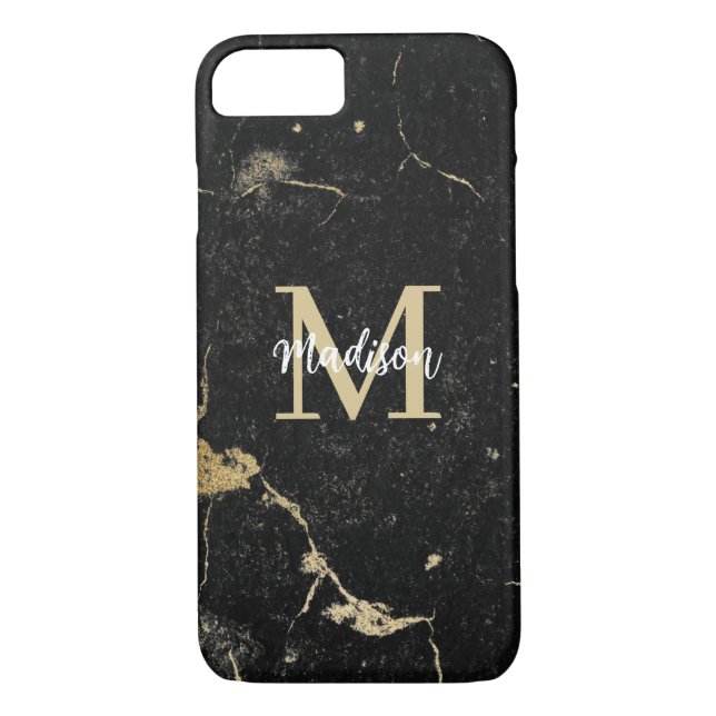 Monogram Modern Gold Black Marble Case-Mate iPhone Case (Back)