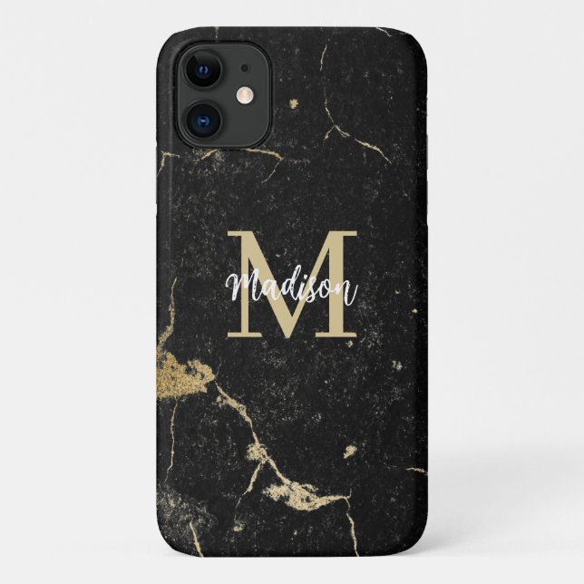 Monogram Modern Gold Black Marble Case-Mate iPhone Case (Back)