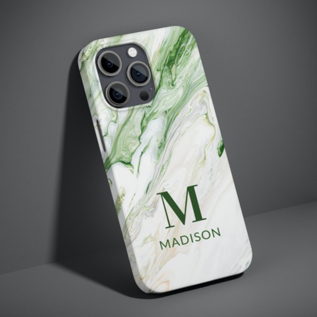 Monogram Modern Green White Stylish Personalized Case-Mate iPhone Case (Creator Uploaded)