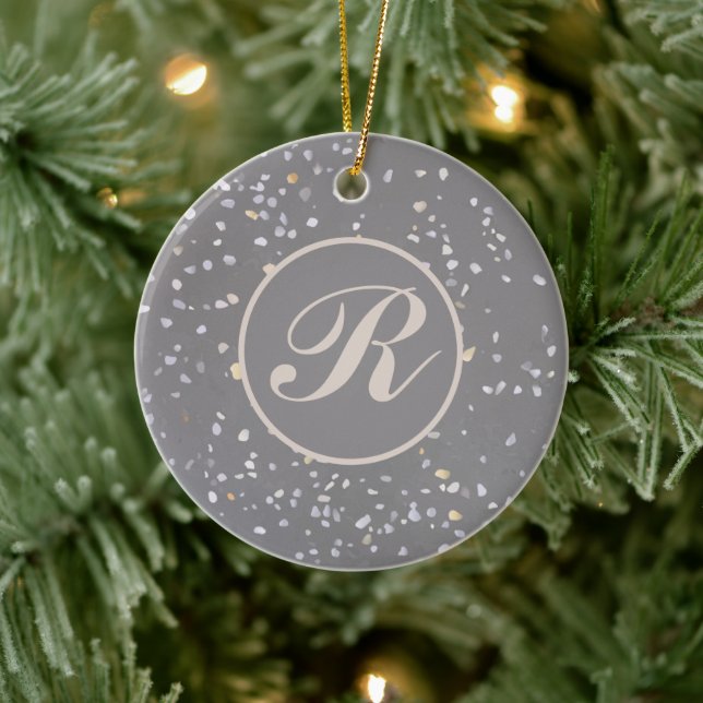 Monogram Modern Grey Terrazzo  Ceramic Ornament (Tree)