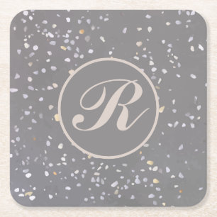 Monogram Modern Grey Terrazzo  Square Paper Coaster