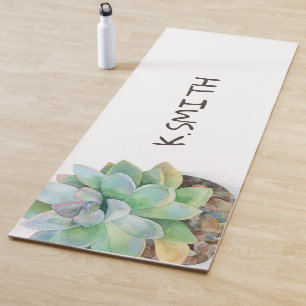 Monogram. Modern Hand Drawn Watercolor Succulent. Yoga Mat