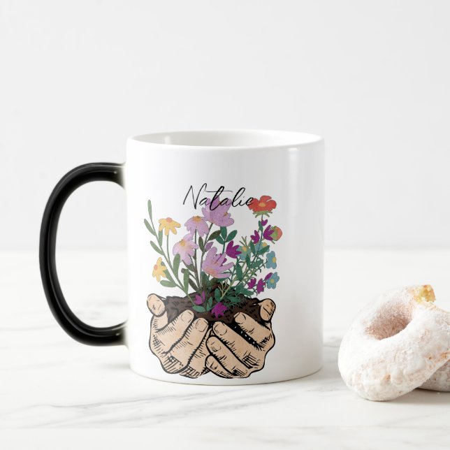 Monogram modern ink art sketching hands floral magic mug (With Donut)