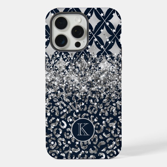 Monogram Modern Leopard Print Glitter Personalized iPhone Case (Back)