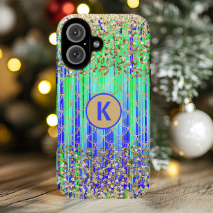 Monogram Modern Mermaid Glitter Green Blue iPhone 16 Case