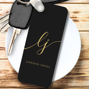 Monogram Modern Minimal Elegant Black Gold Keychain