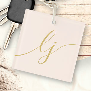 Monogram Modern Minimal Elegant Blush Gold Script Keychain