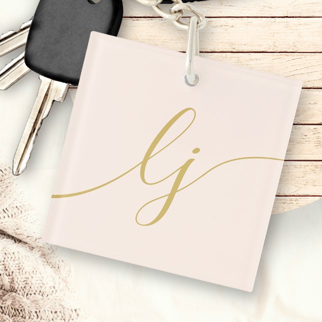 Monogram Modern Minimal Elegant Blush Gold Script Keychain (Creator Uploaded)