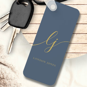 Monogram Modern Minimal Elegant Navy Blue Gold Keychain