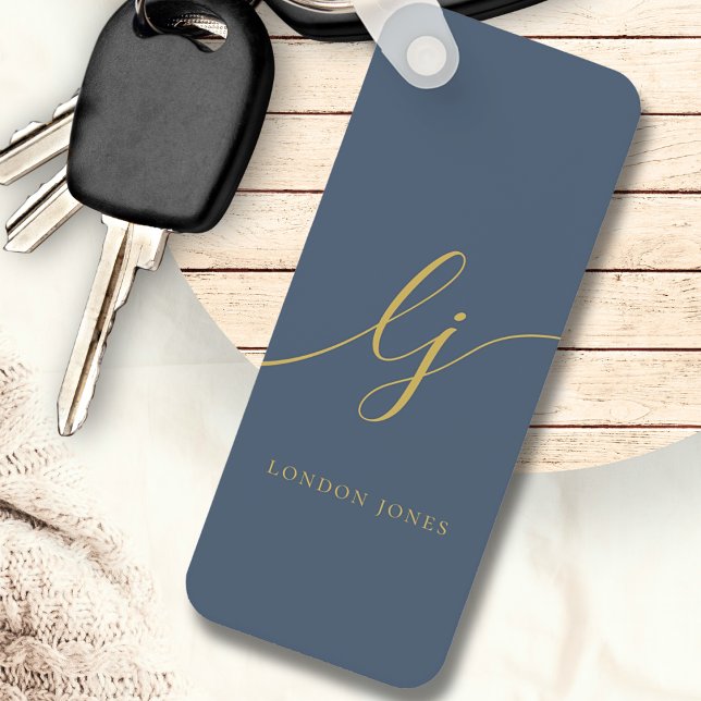 Monogram Modern Minimal Elegant Navy Blue Gold Keychain (Creator Uploaded)