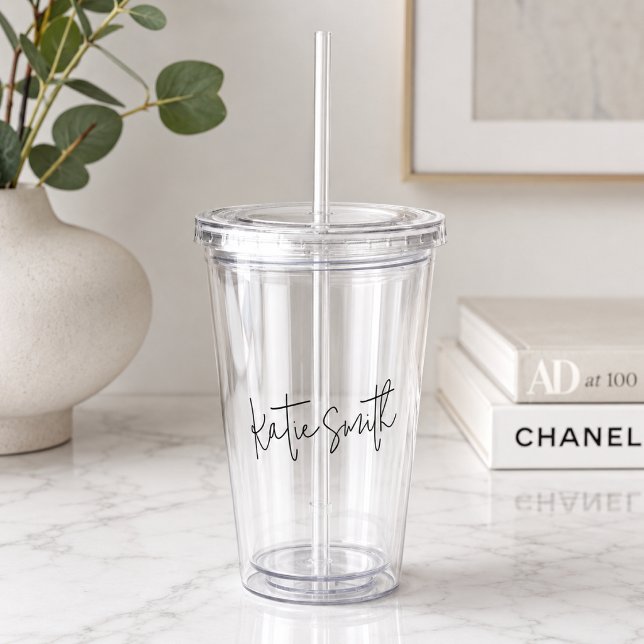 Monogram Modern Minimal Handwritten Script Acrylic Tumbler (Custom name acrylic tumbler with clear straw for iced coffee, water, and desk drinks.)