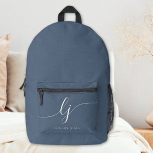 Monogram Modern Minimal Navy Blue White Initials Printed Backpack