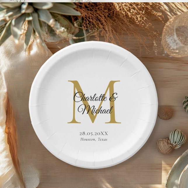 Monogram Modern Minimal Paper Plate (Monogram Modern Minimal Wedding Paper Plates with your names and date.)