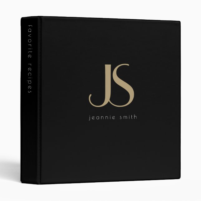Monogram Modern Minimalist Black Gold Recipe 3 Rin Binder (Front/Spine)