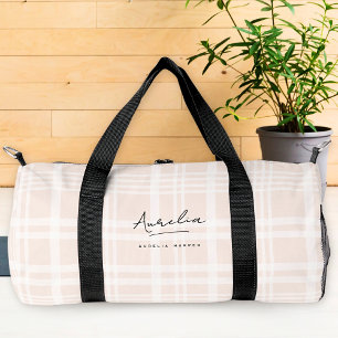 Monogram Modern Minimalist Blush Pink Script Plaid Duffle Bag